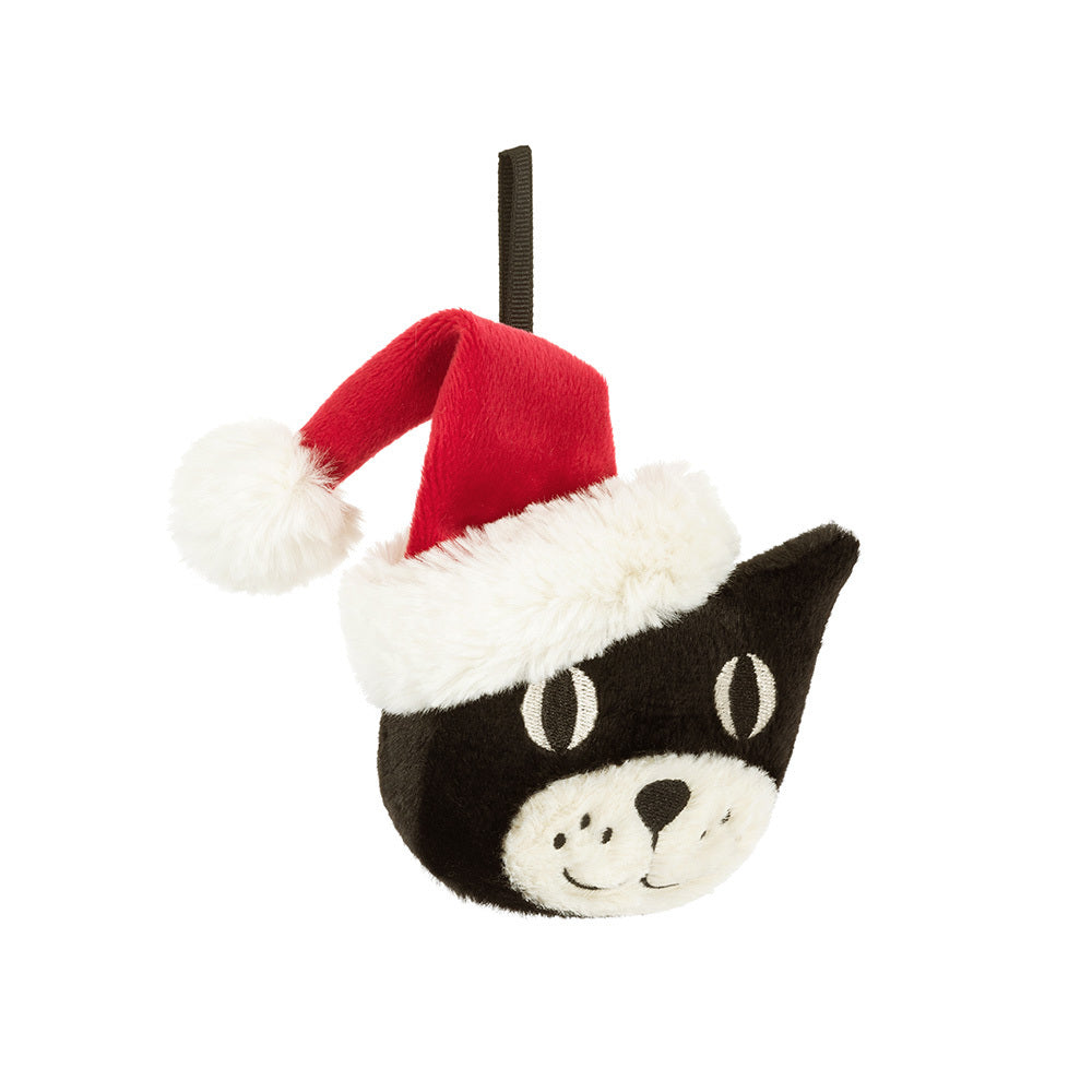 A black cat ornament wearing a red and white Santa hat.