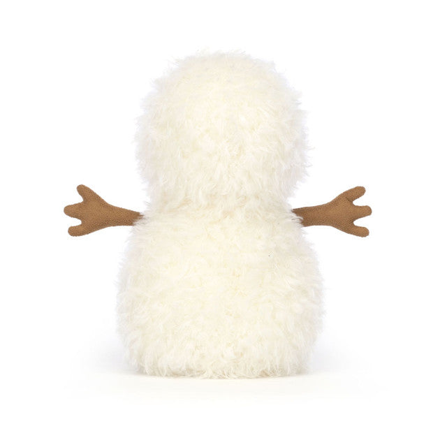 A fluffy white snowman plush toy with brown stick arms, viewed from the back.