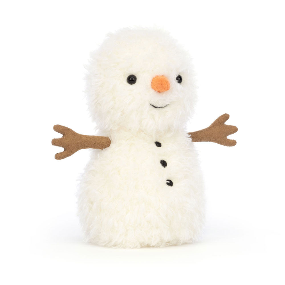 A fluffy white snowman plush toy with black button eyes, an orange carrot nose, and brown stick arms.