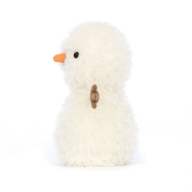 A fluffy white snowman plush toy with an orange carrot nose and a brown button.