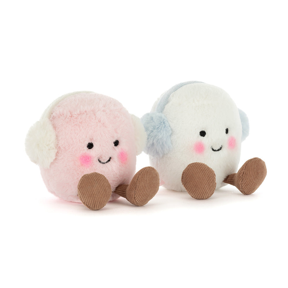 Two plush marshmallows, one pink and one white, wear earmuffs and sit side by side.