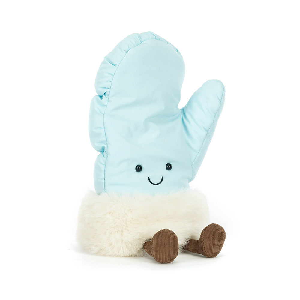 A light blue mitten plush toy with a smiling face, white fur trim, and brown corduroy feet.