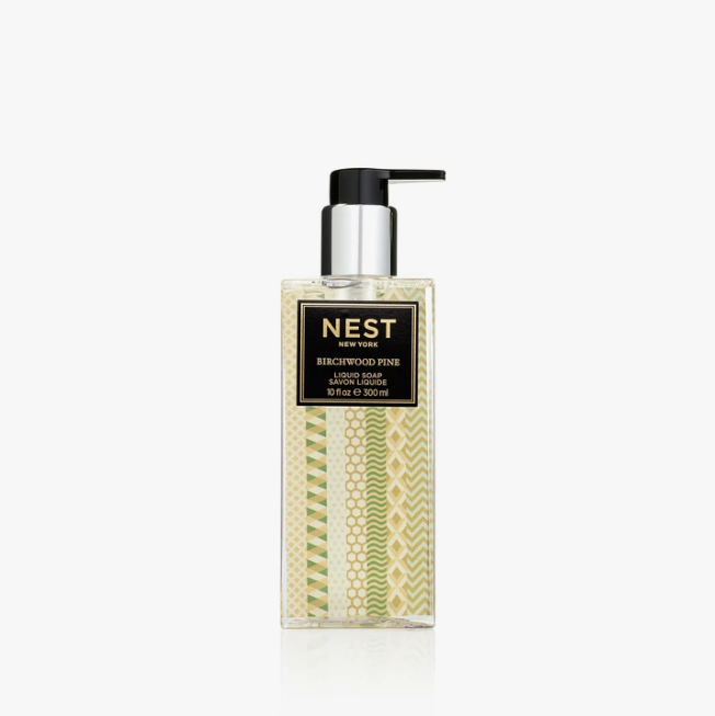 NEST New York Birchwood Pine Liquid Soap in a clear bottle with a black pump.
