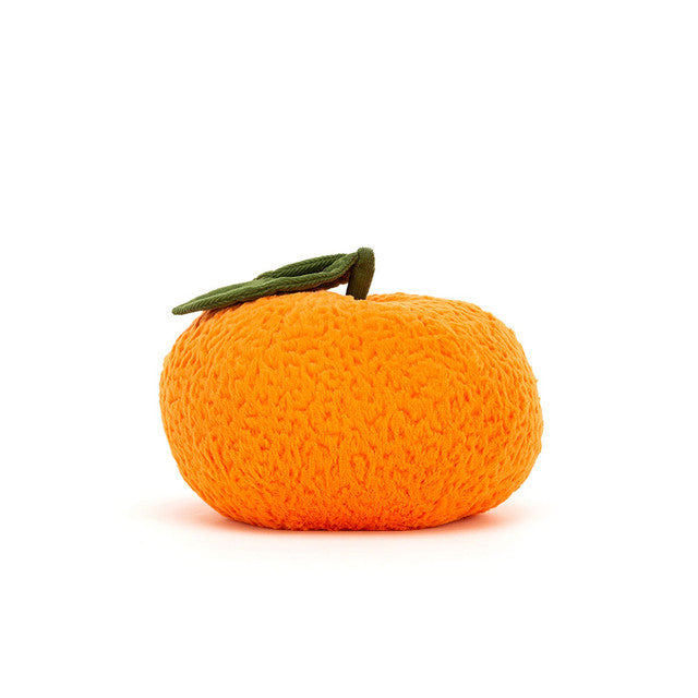 A plush orange clementine with a green leaf and stem on top.