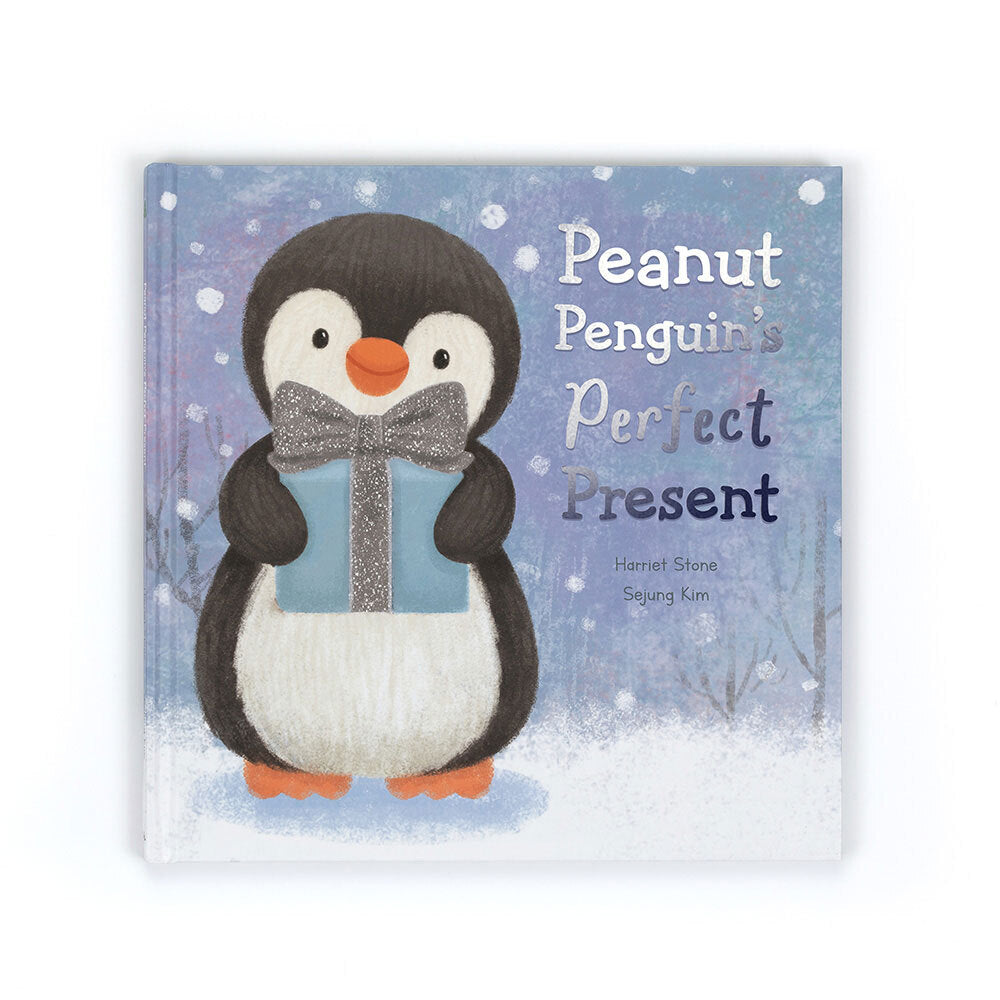 A children's book titled "Peanut Penguin's Perfect Present" featuring a penguin holding a gift.