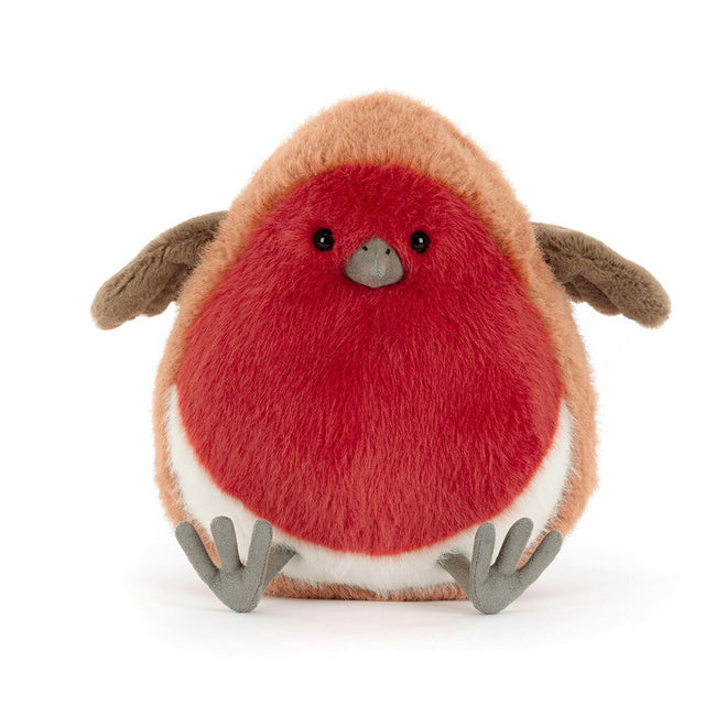 A plush toy robin with a red breast, brown back, and small gray feet.
