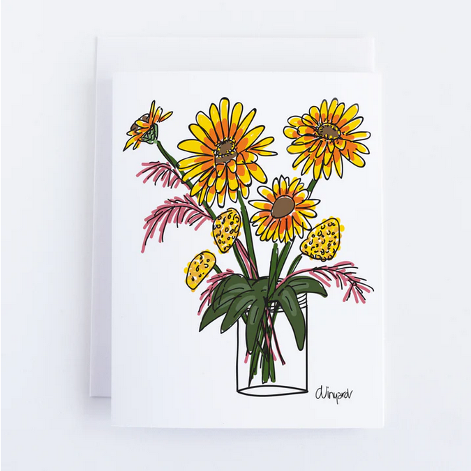 A notecard featuring a colorful illustration of sunflowers and other plants in a clear vase.