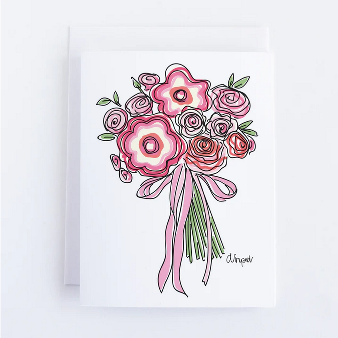 A white notecard featuring a colorful illustration of a pink and green floral bouquet.