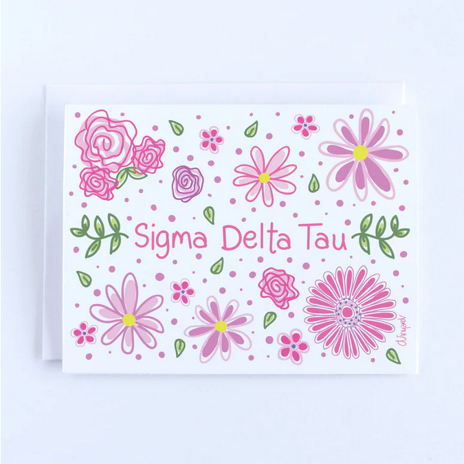 A white notecard with pink flowers and green leaves, featuring "Sigma Delta Tau" in pink script.