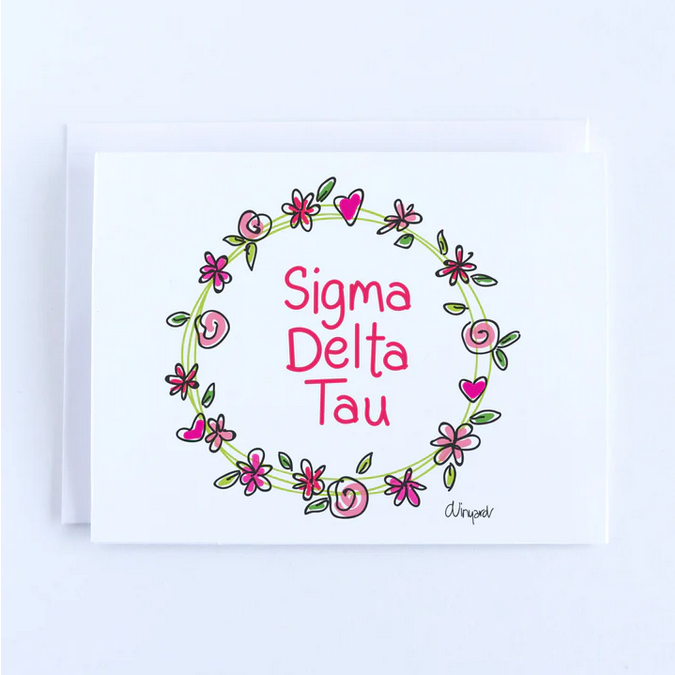 White notecard with "Sigma Delta Tau" in a pink floral wreath.