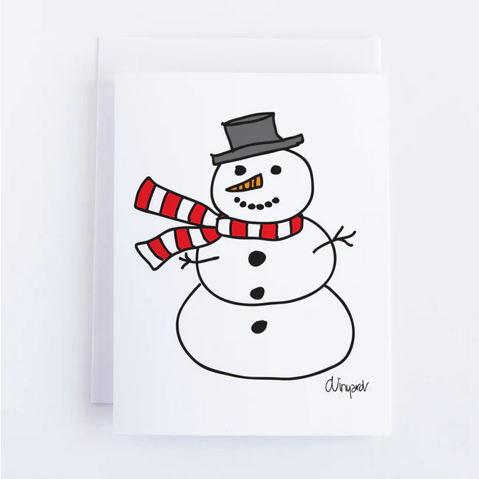 A white notecard features a hand-drawn snowman wearing a black top hat and a red and white striped scarf.