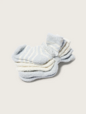 A set of six pairs of infant socks in light blue and white stripes.