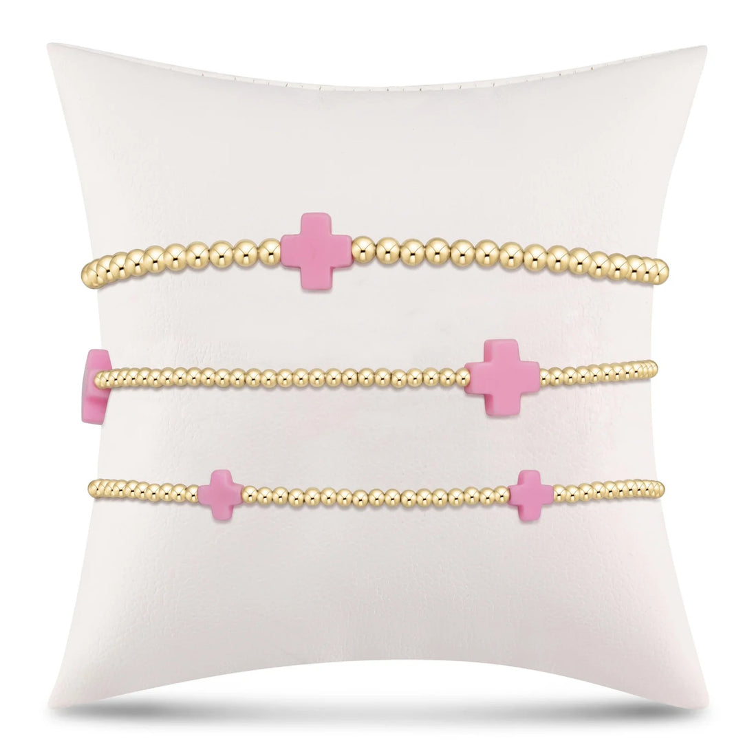 Signature Cross Gold Pattern 3mm Bead Bracelet - Bright Pink