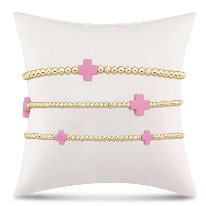 Signature Cross Gold Pattern 3mm Bead Bracelet - Bright Pink