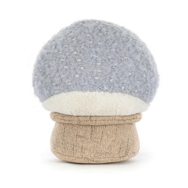 A plush snow globe with a grey, textured top and a beige base.