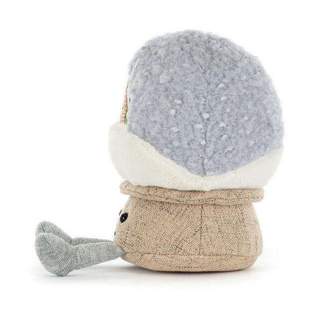 A plush snow globe with a gray, textured top and a tan, burlap-like base.