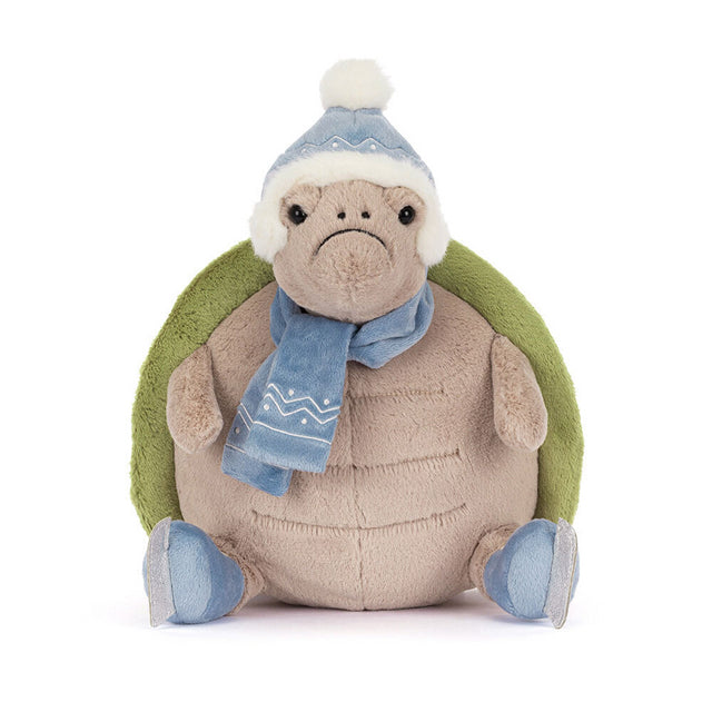 A plush turtle wearing a blue winter hat with a pompom and a blue scarf.