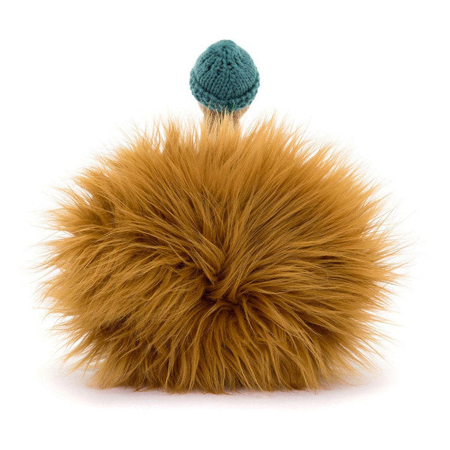 A fluffy, round, ginger-brown plush toy with a small teal knitted hat on top.
